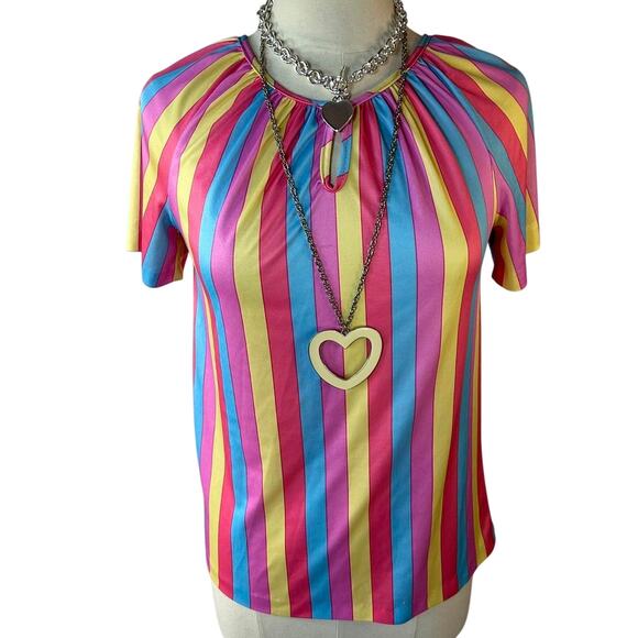 Vintage 70s Striped Sheer V Neck Sparkle Top S/M